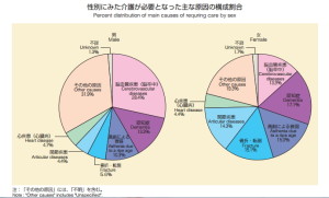 平成25年国民生活基礎調査、性別にみた介護が必要となった主な原因の構成割合